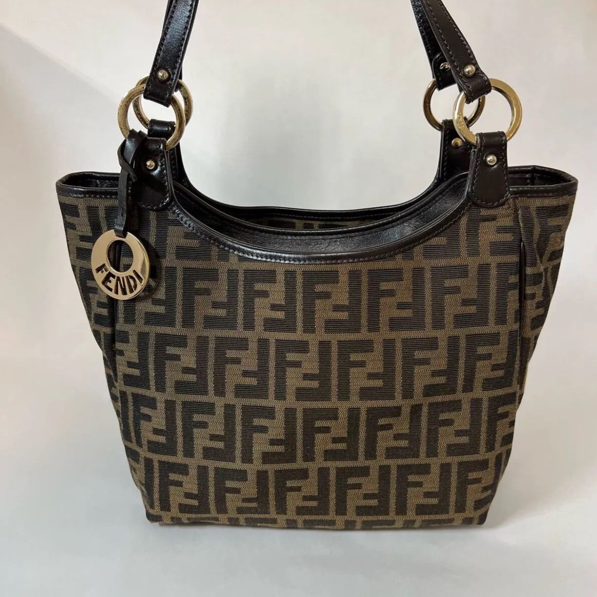 T145 フェンディ FENDI ズッカ柄 シェフトートバッグ キャンバス ブラウン G金具 ハンドバッグ
