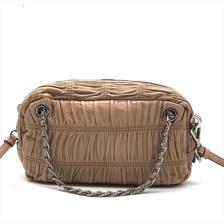 良品 PRADA プラダ ロゴ レザー ギャザー 2WAY チェーン ハンド