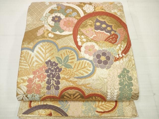 浪平部屋　メルカリ便 平和屋着物◎佐賀錦 六通柄袋帯 唐織 花蝶丸文 藤花房 金糸 正絹