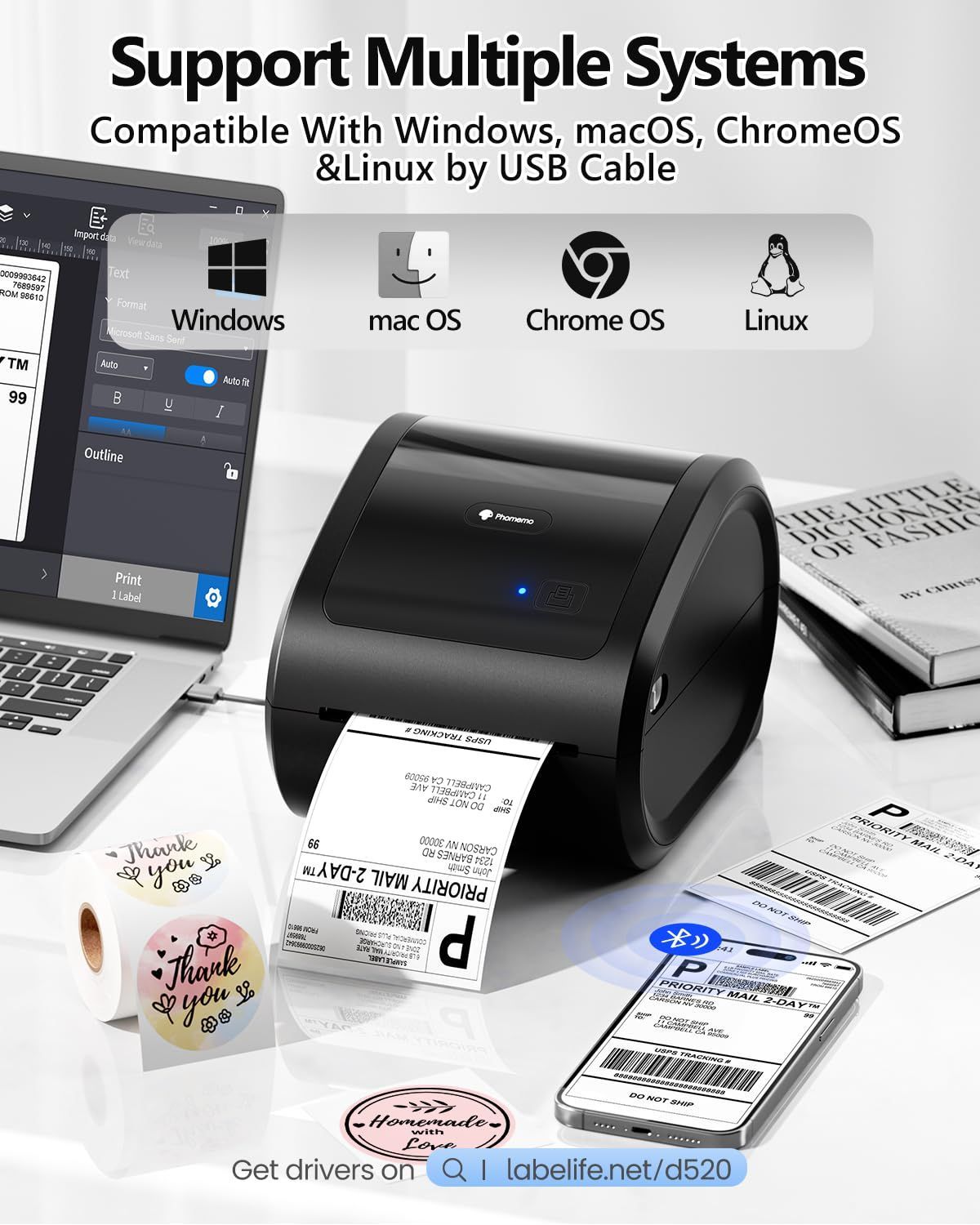 商品 貨物ラベルプリンター スマートフォン対応 x6 A6 PC対応 4 Bluetooth接続 Ebay Shopify 日本郵便 倉庫 宅配便 物流 食品ラベルプリンター サーマルラベルプリンター 高速連続印刷 D520-BT 2又の日本用プラグ