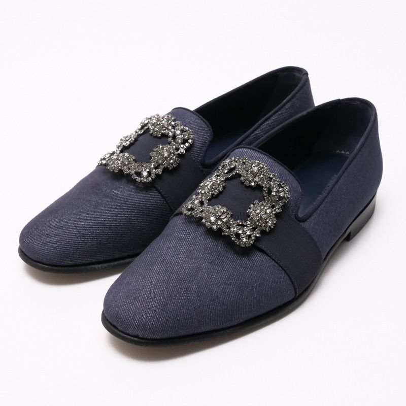 美品MANOLO BLAHNIK マノロブラニク カールトン  ハンギシ スリッポン サイズ7 ジュエルバックル デニム ドレスシューズ イタリア製 ブランド古着【中古】20241209/RA2265