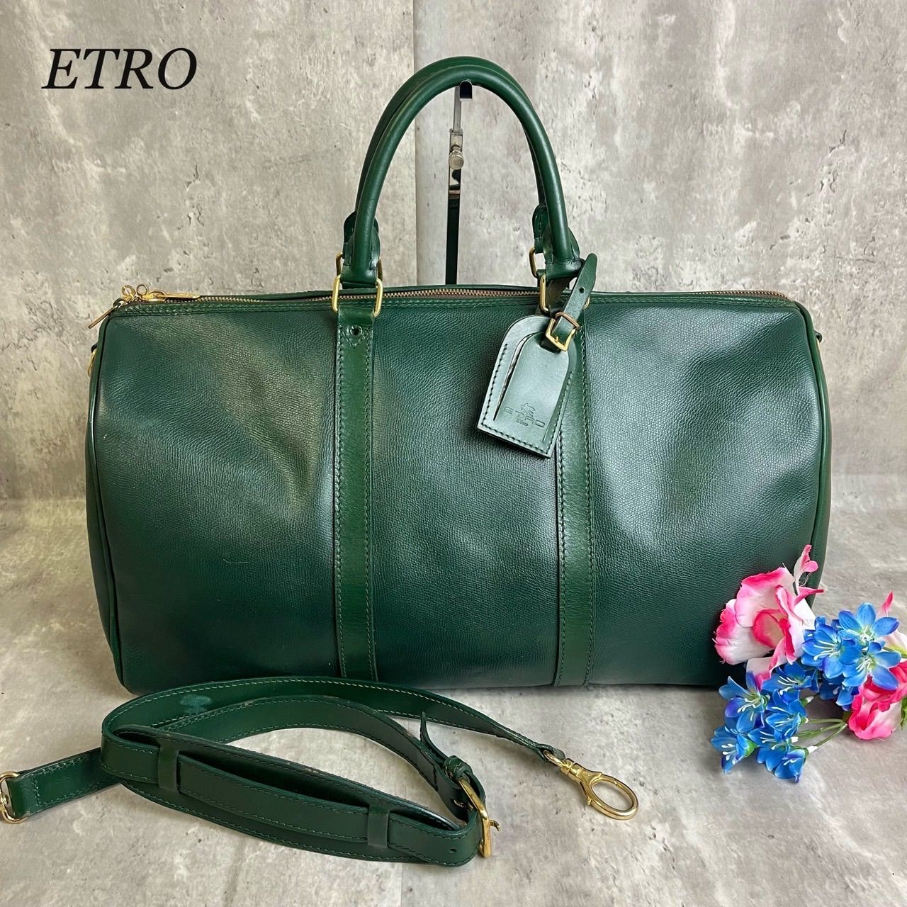 大容量【LOEWE】ボストンバッグ　アナグラム柄　キャンバス　グリーン 大容量【LOEWE】ボストンバッグ アナグラム柄 キャンバス