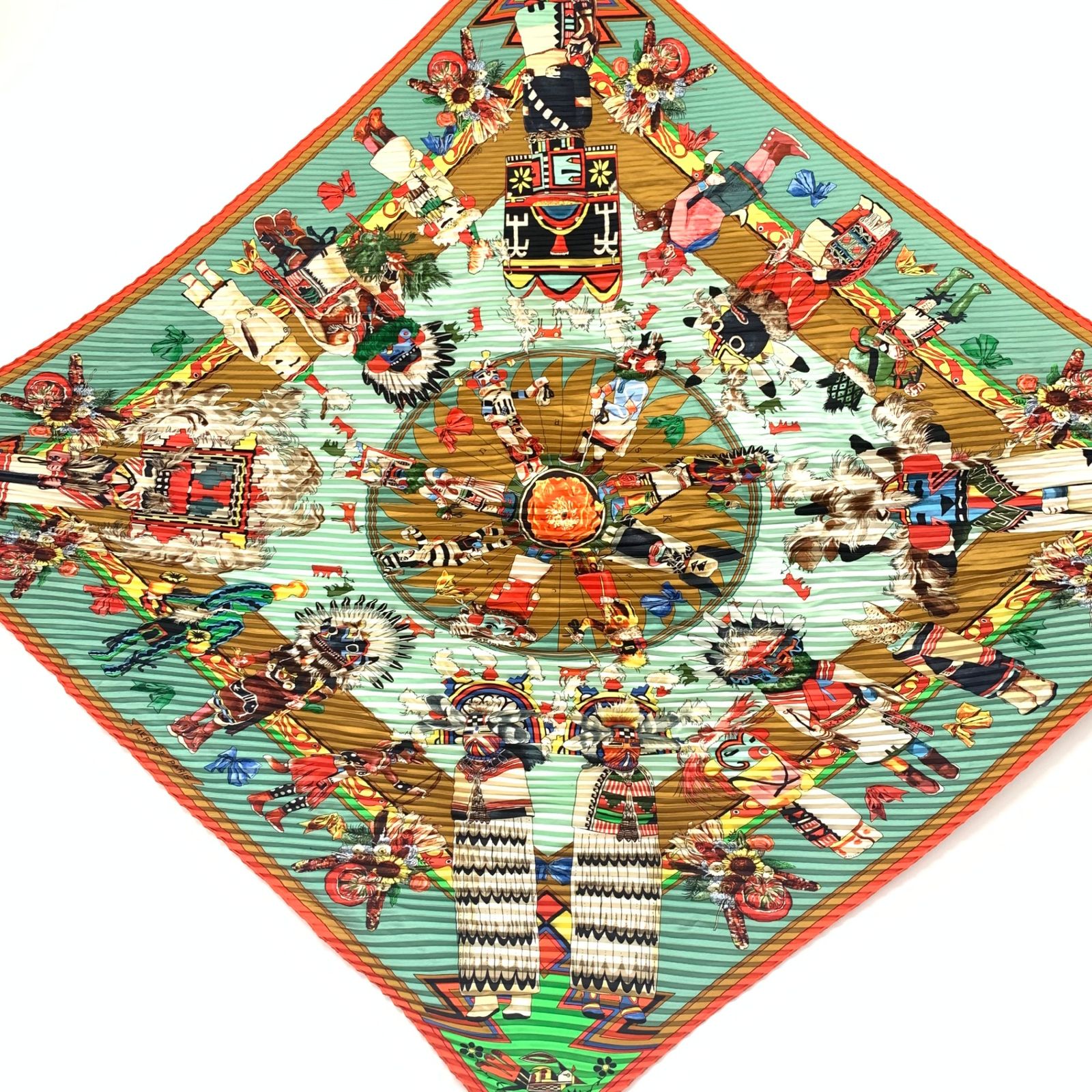 エルメス　プリーツスカーフ　カレ　カチナ民族 HERMES エルメス プリーツ Kachinas カチナ 民族 オレンジ x
