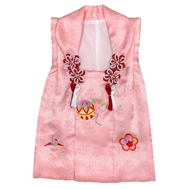 七五三 三歳 女の子 被布セット 正絹被布コート 草履 巾着 足袋 4点コーデセット ピンク 鞠と鶴 梅 IHF904-4set01