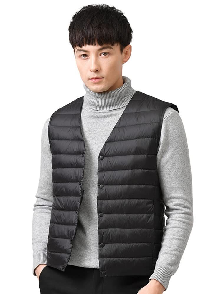 Size:L_Color:ブラック CLAZOLIY ノーカラー インナーダウンベスト メンズ ウルトラライト ベスト 暖かい 軽量 防寒 コンパクト収納 CL111 (L， ブラック)