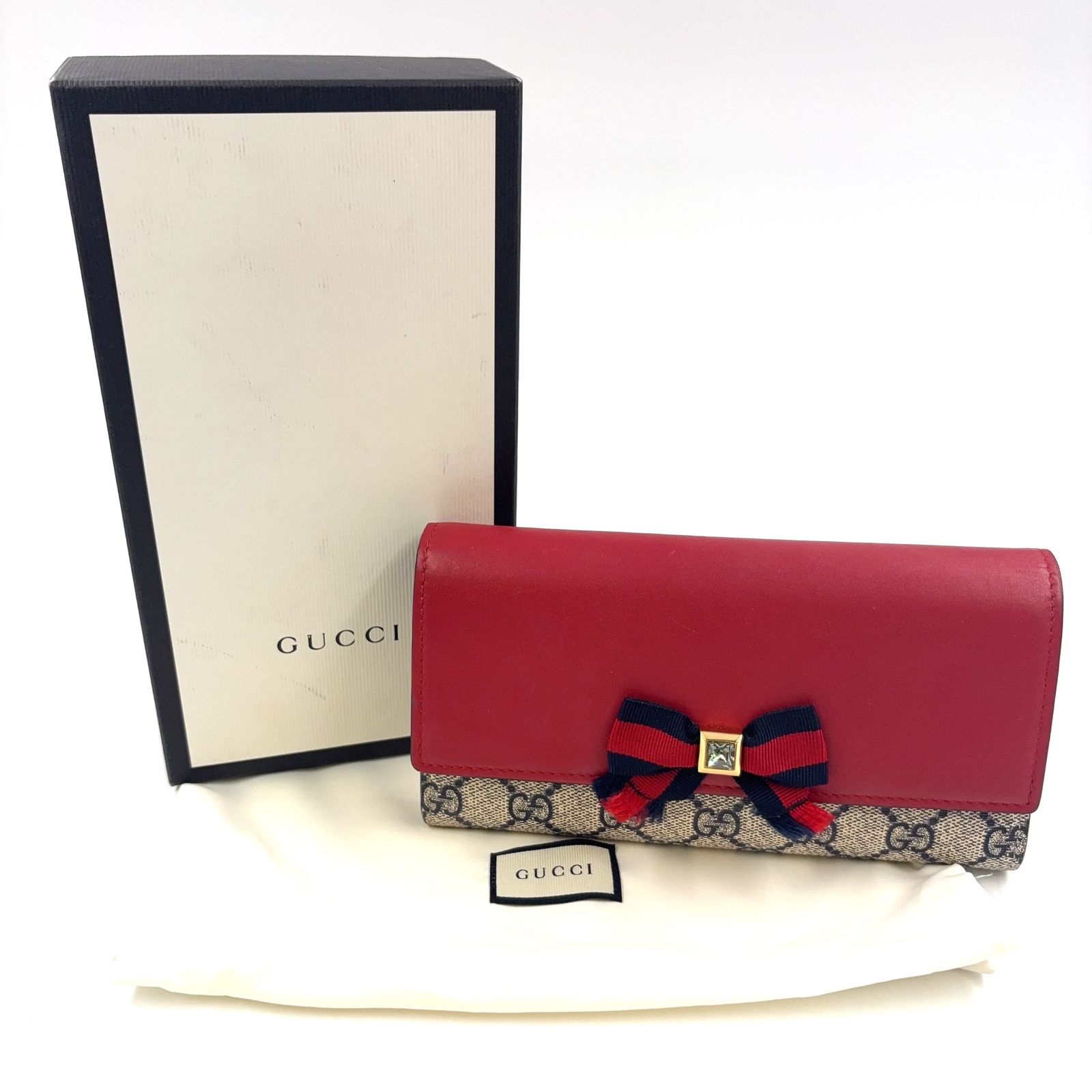 GUCCI リボン ラインストーン 2つ折 GGスプリーム 長財布 レザー