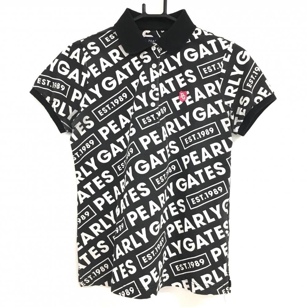 パーリーゲイツ 半袖ポロシャツ 黒×白 斜めロゴ総柄 サッカー調生地 レディース 1(M) ゴルフウェア PEARLY GATES