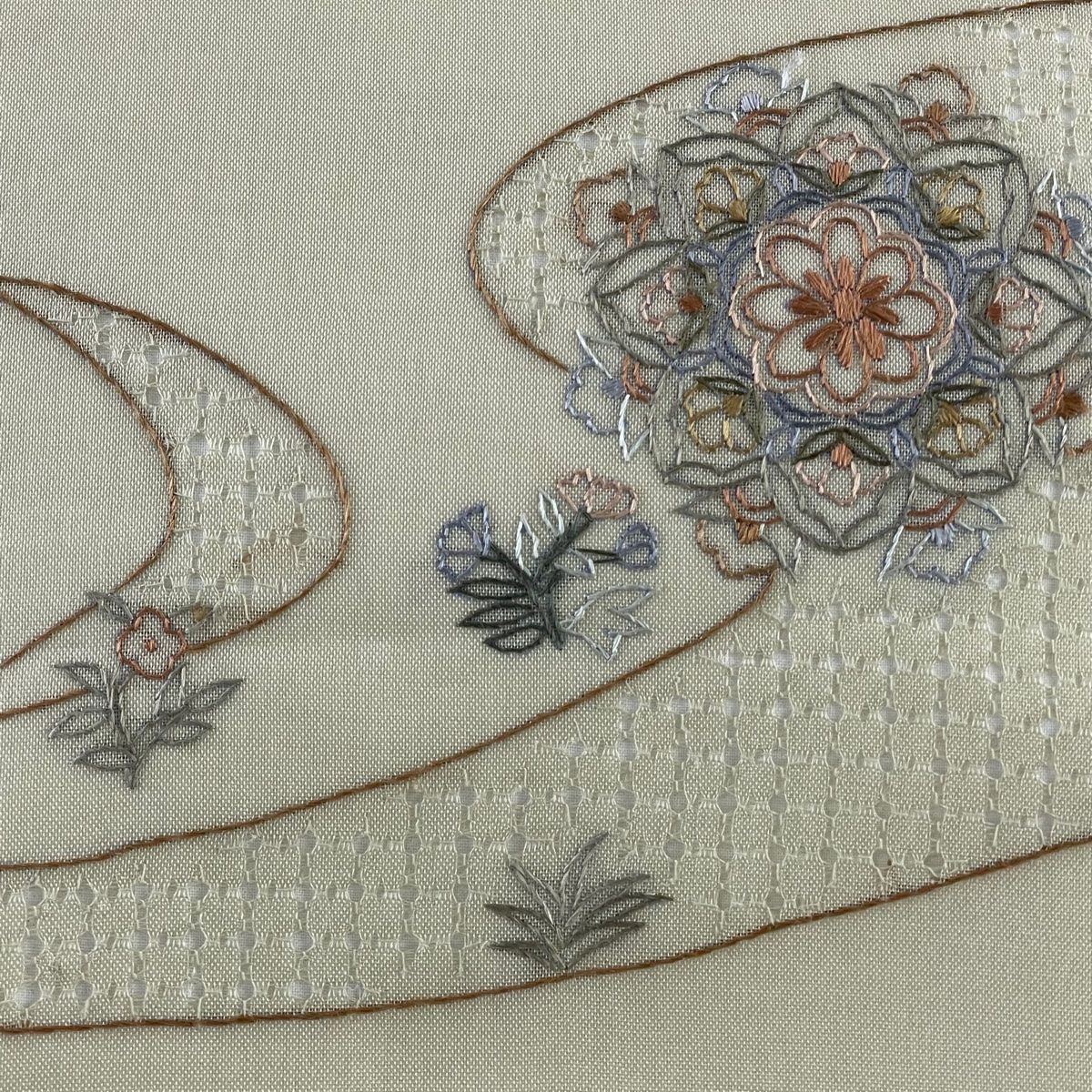 全てのアイテム 花 夏帯 秀品 名古屋帯 刺繍 【中古】 正絹 青 仕立て