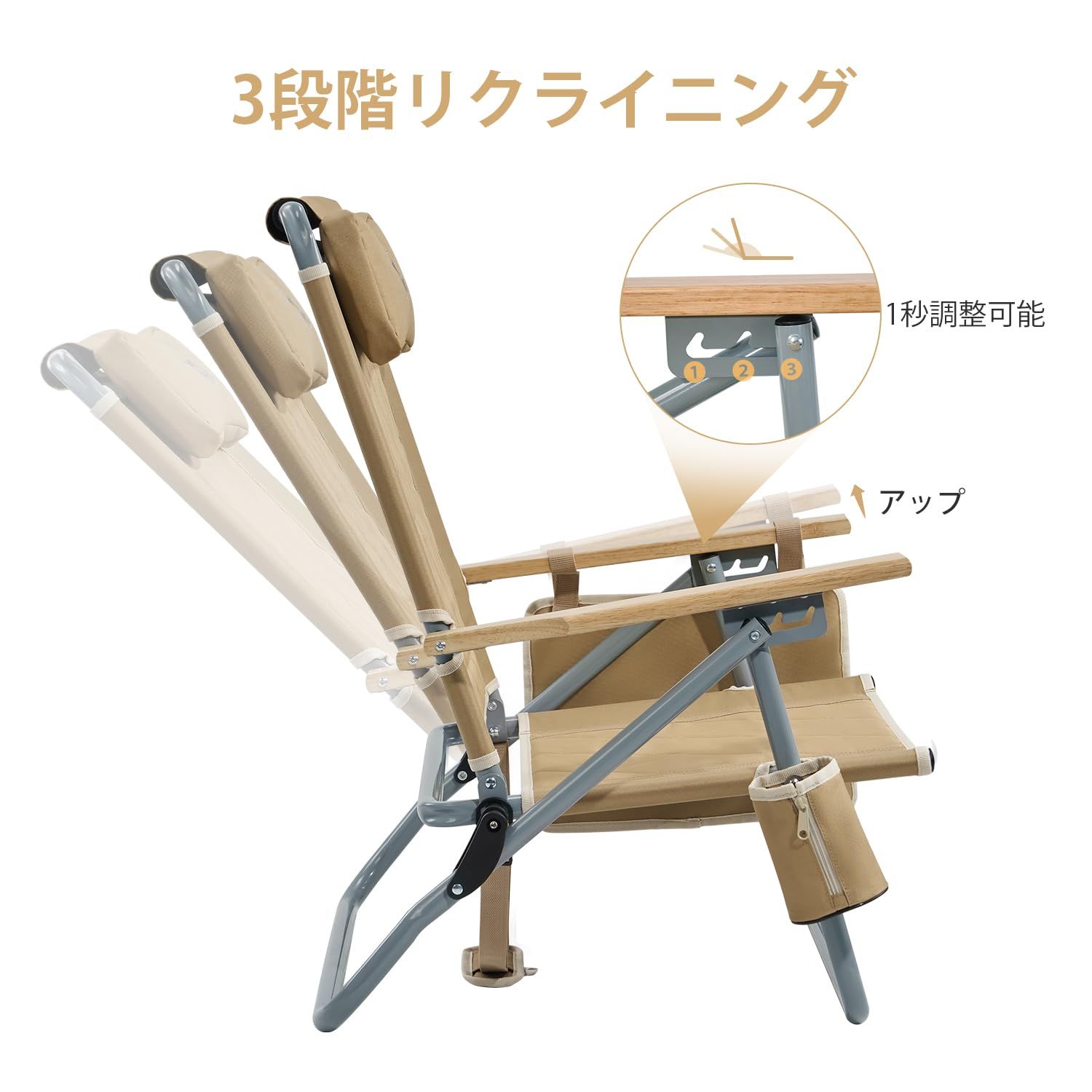 3段リクライニング 焚き火チェア 折りたたみ椅子 難燃 ローチェア アウトドアチェア 携帯椅子 耐荷重150 kg RIDGE 天然木制肘掛 キャンプ TIMBER 屋外 バーベキュー