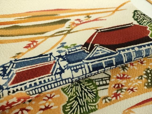 平和屋着物●和染紅型　栗山紅型　栗山吉三郎　九寸名古屋帯　風景花文　鬼しぼ縮緬　正絹　逸品　DAAY1289ps 平和屋着物○和染紅型 栗山紅型 栗山吉三郎 九寸名古屋帯 風景花文 鬼