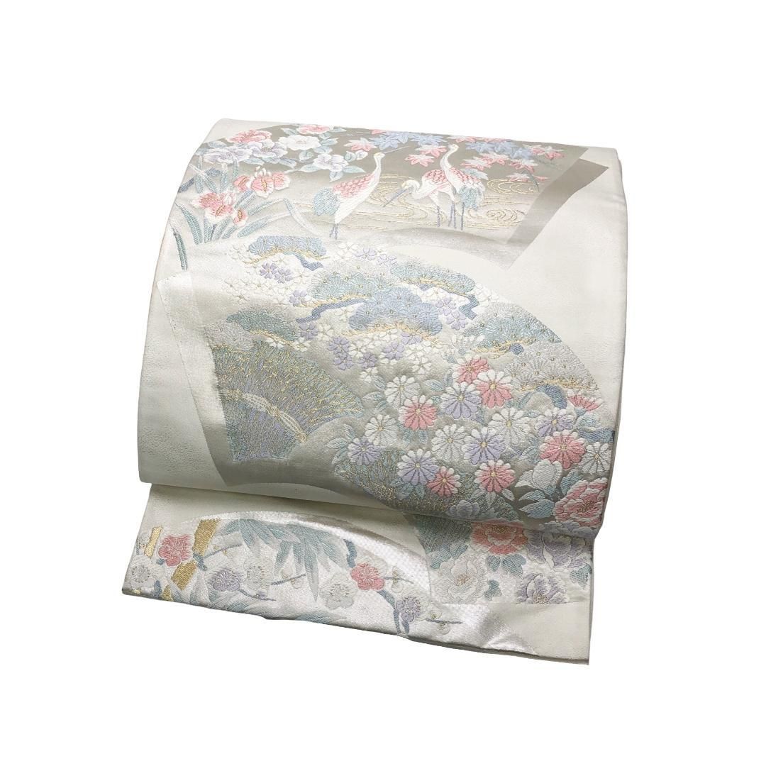 袋帯 唐織 地紙に花模様 鴛鴦 松模様 金銀糸 乳白色 O-4996 袋帯 唐織 地紙に花模様 鴛鴦 松模様 金銀糸 乳白色 O-4996