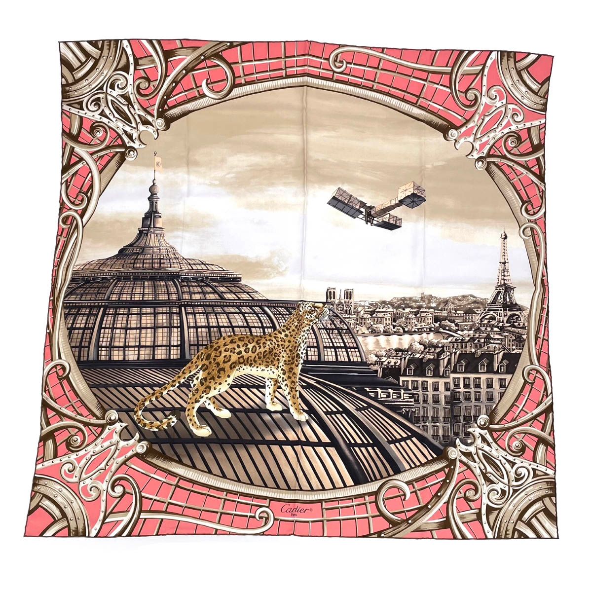 新品同様 Cartier カルティエ スカーフ ベージュ×ピンク シルク