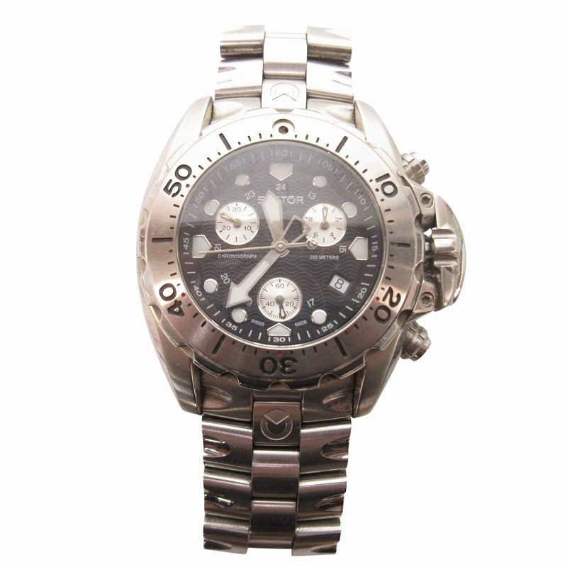 セクター SECTOR 600 腕時計 ウォッチ クロノグラフ クォーツ式 多針アナログ 黒文字盤 200M防水 スイス製 シルバー 稼働品