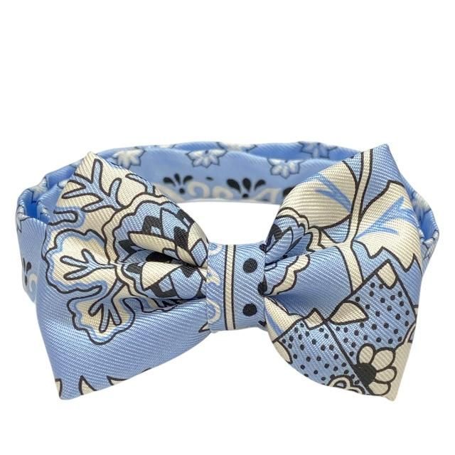 エルメス ヌー パピヨン 蝶ネクタイ FLEURS ET PAPILLONS DE TISSU 花咲く織物 アクセサリー 小物 総柄 シルク ライトブルー