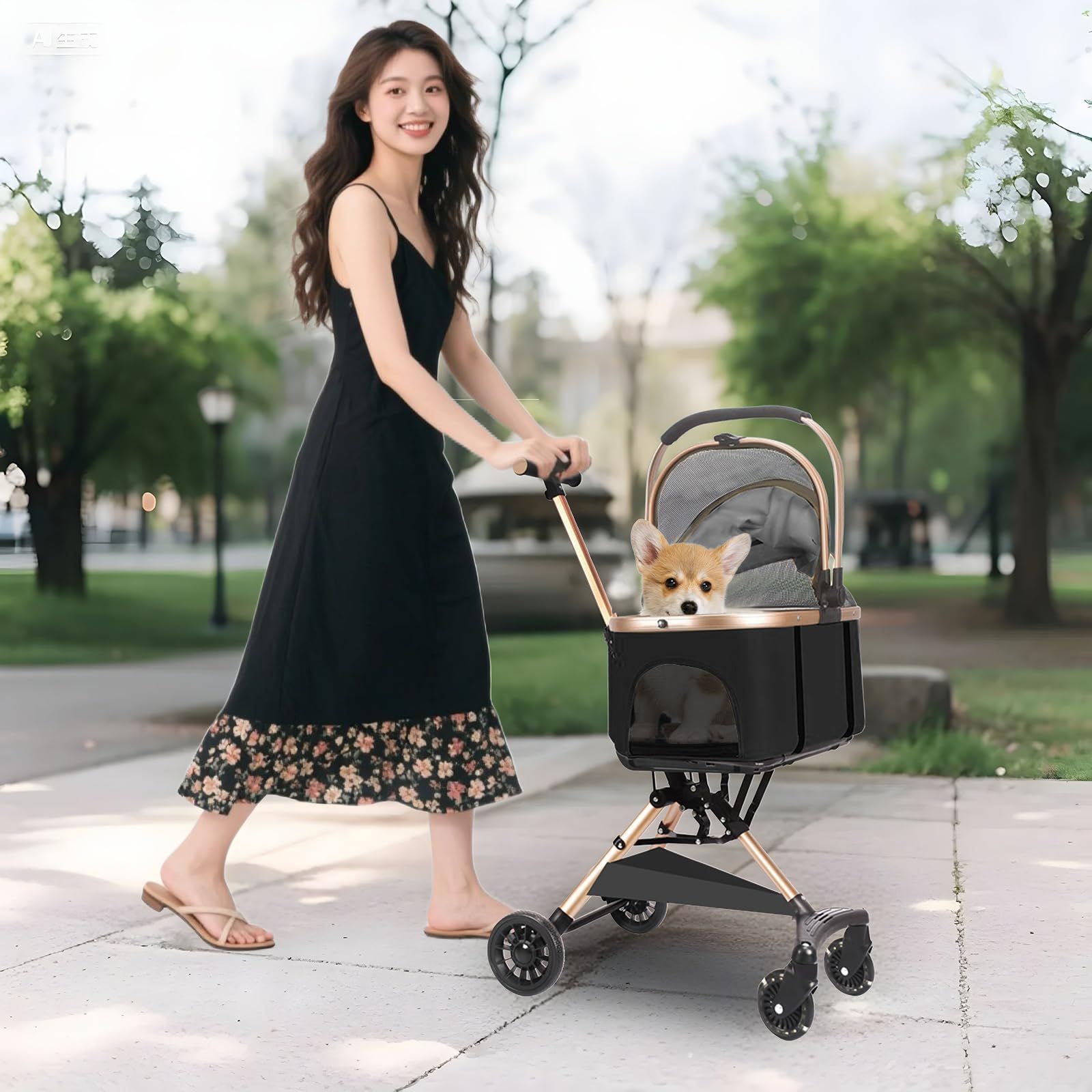 ブラック 多用途 43×56×92cm 車載 散歩 ショッピング 快速折り畳み コンパクト コンパクト アルミ合金フレーム 分離型提げカゴ付き 外出便利 散歩 中型犬 小型犬多頭 猫 2way 後輪ブレーキ付き 前輪360°回転 組み立て簡単 軽量 猫用 犬 USTAUSTRALIA_COM_AU