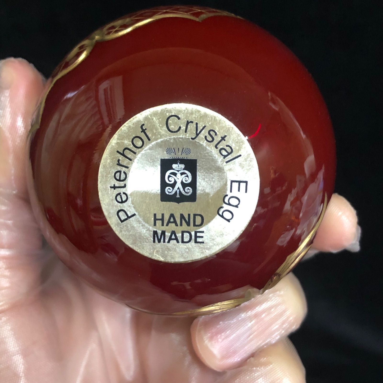 ロシア ヴィンテージ イースター エッグ 卵 ガラス細工 彫刻金彩 青 赤