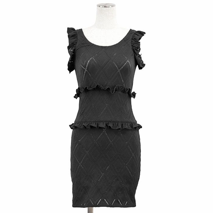 CHANEL シャネル ワンピース ニット P71339 2021 PreFall COCOマーク ロゴ チャーム ダイヤ柄 幾何学模様 ジャガード 伸縮性 フリル ノースリーブ プルオーバー ボディコン ドレス レディース 36 ブラック 黒 伊製