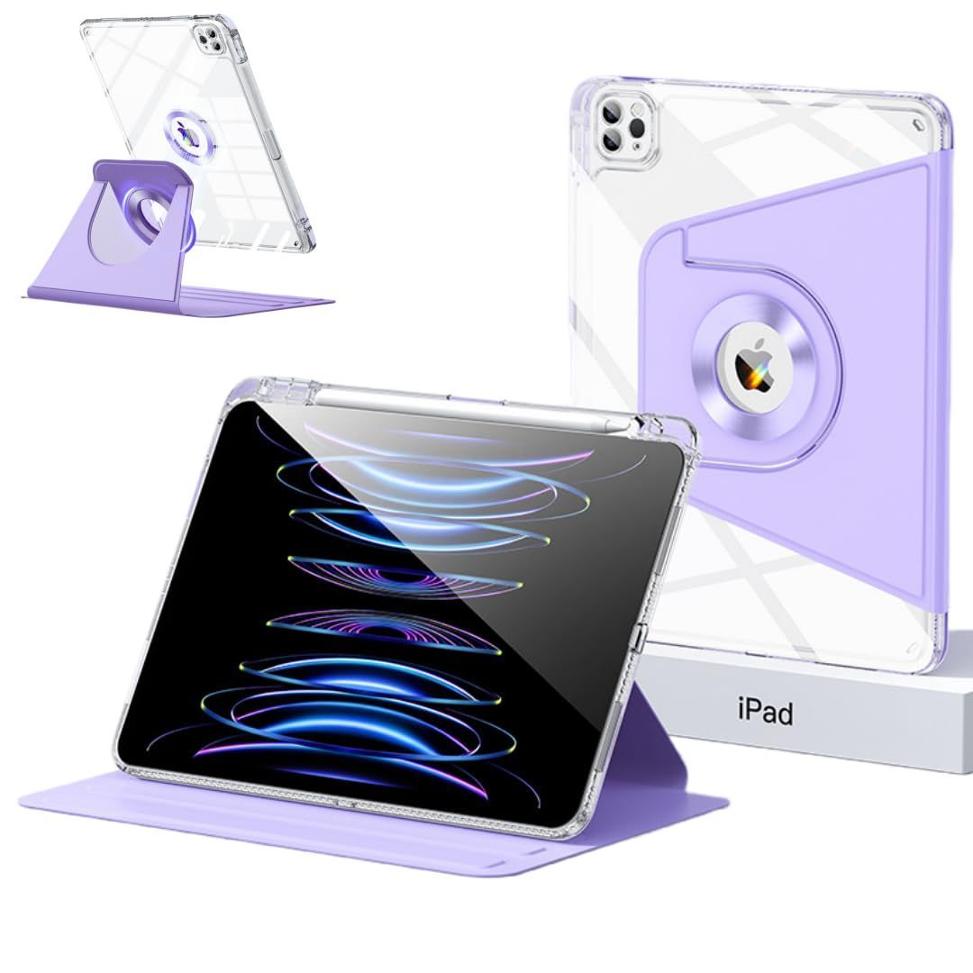 Size:iPad Air 13インチ/iPad Pro12.9(2022/2021/2020)_Color:パープル iPad Air 13インチ/iPad Pro12.9 第6/5/4/3世代 ケース360度回転 取り外しなマグネットカバー 背面全透明 ペ