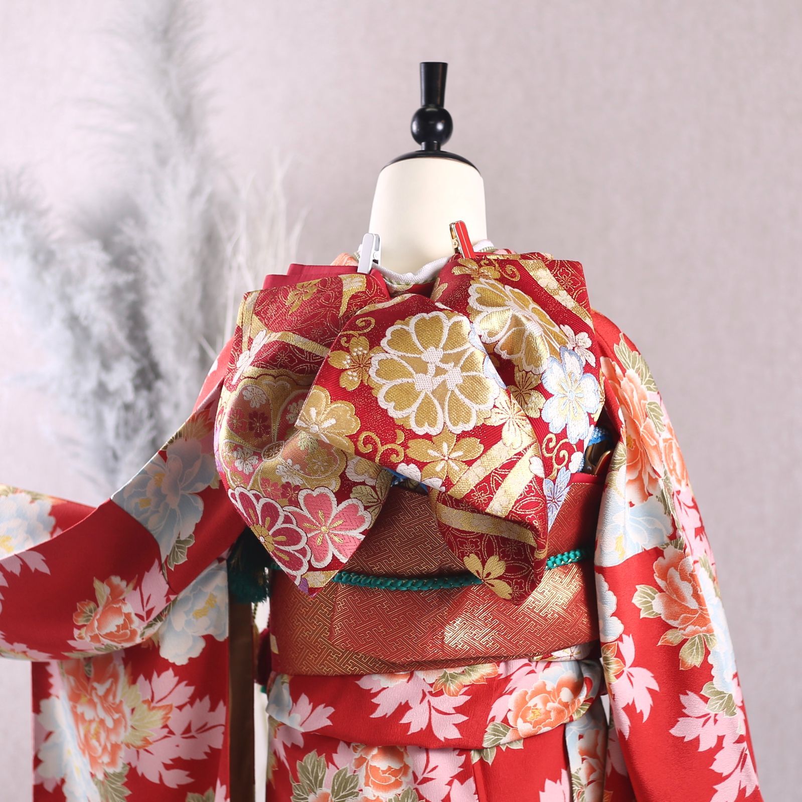 振袖フルセット 振袖セット 振袖 S～Mサイズ 朱赤×ヴィンテージ 美品 成人式 着物 晴れ着 6点セット KFN-95 振袖フルセット 振袖セット 振袖 S～Mサイズ 中古 朱赤×ヴィンテージ