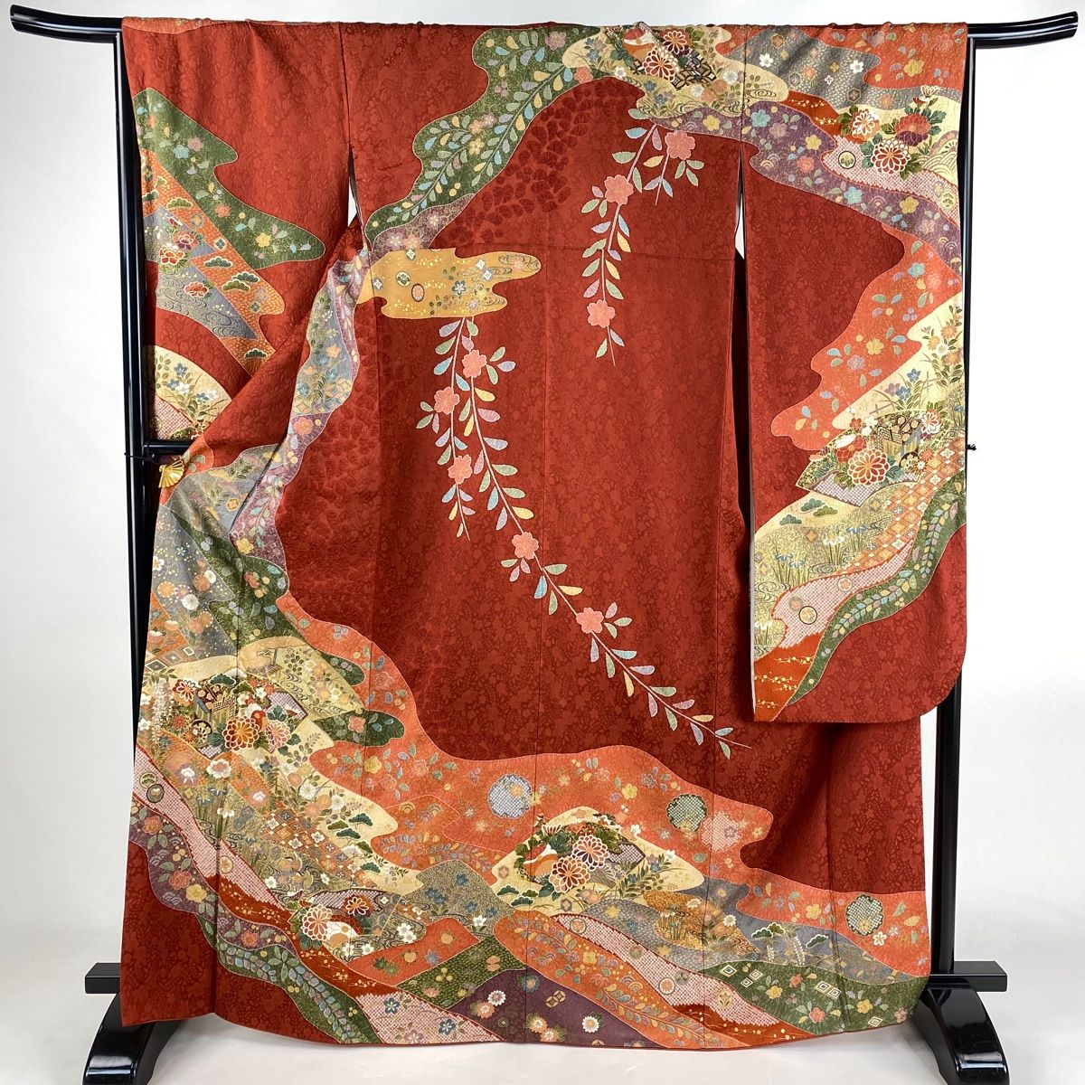 振袖 身丈166cm 裄丈68cm L 袷 扇面 御所車 金糸 金彩 赤茶 正絹 秀品