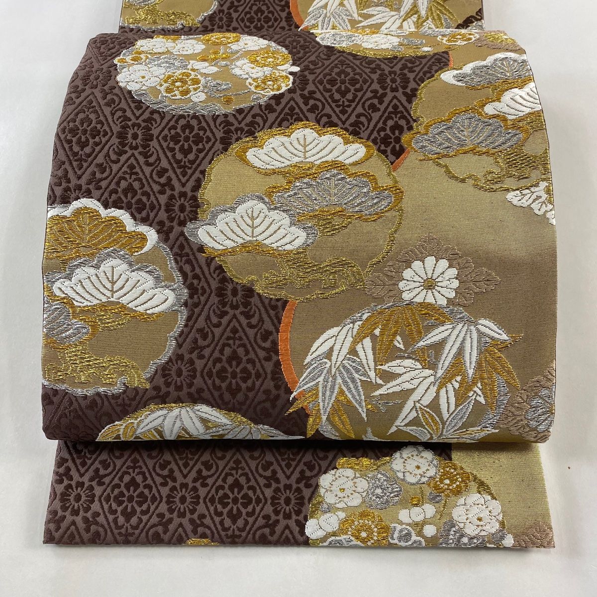 袋帯 秀品 寿松三ッ鱗文 金銀糸 箔 黒 六通 正絹 【