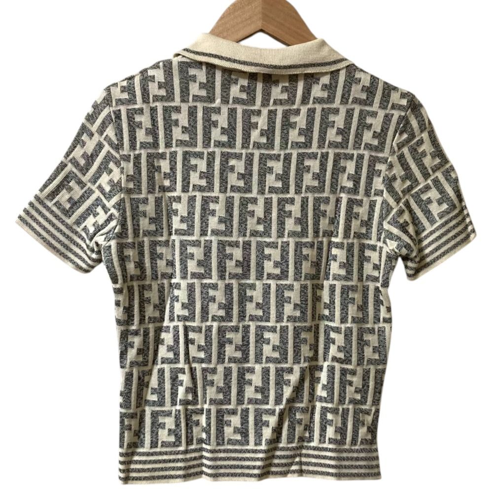 FENDI フェンディ ズッカ柄 半袖 ニット ポロシャツ アイボリー グレー レディース 古着