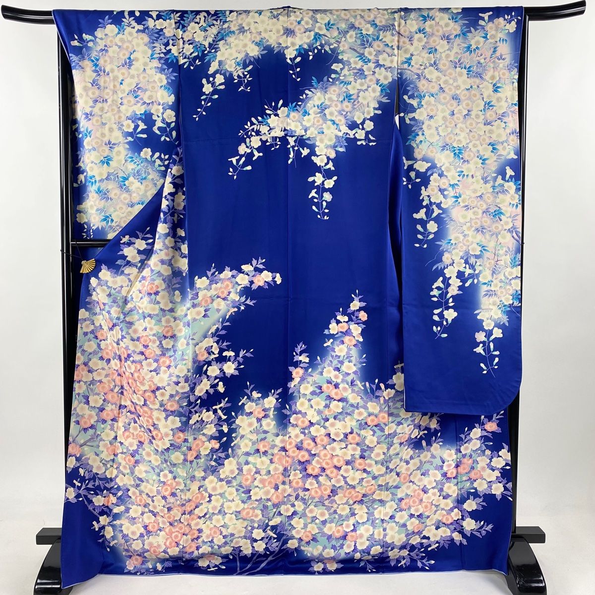 振袖 身丈162cm 裄丈65.5cm M 袷 枝花 染め分け ぼかし 青 正絹 名品
