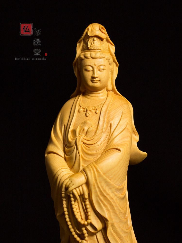 修縁堂】木彫り 仏像 観音菩薩立像 念珠観音 彫刻 仏師で仕上げ