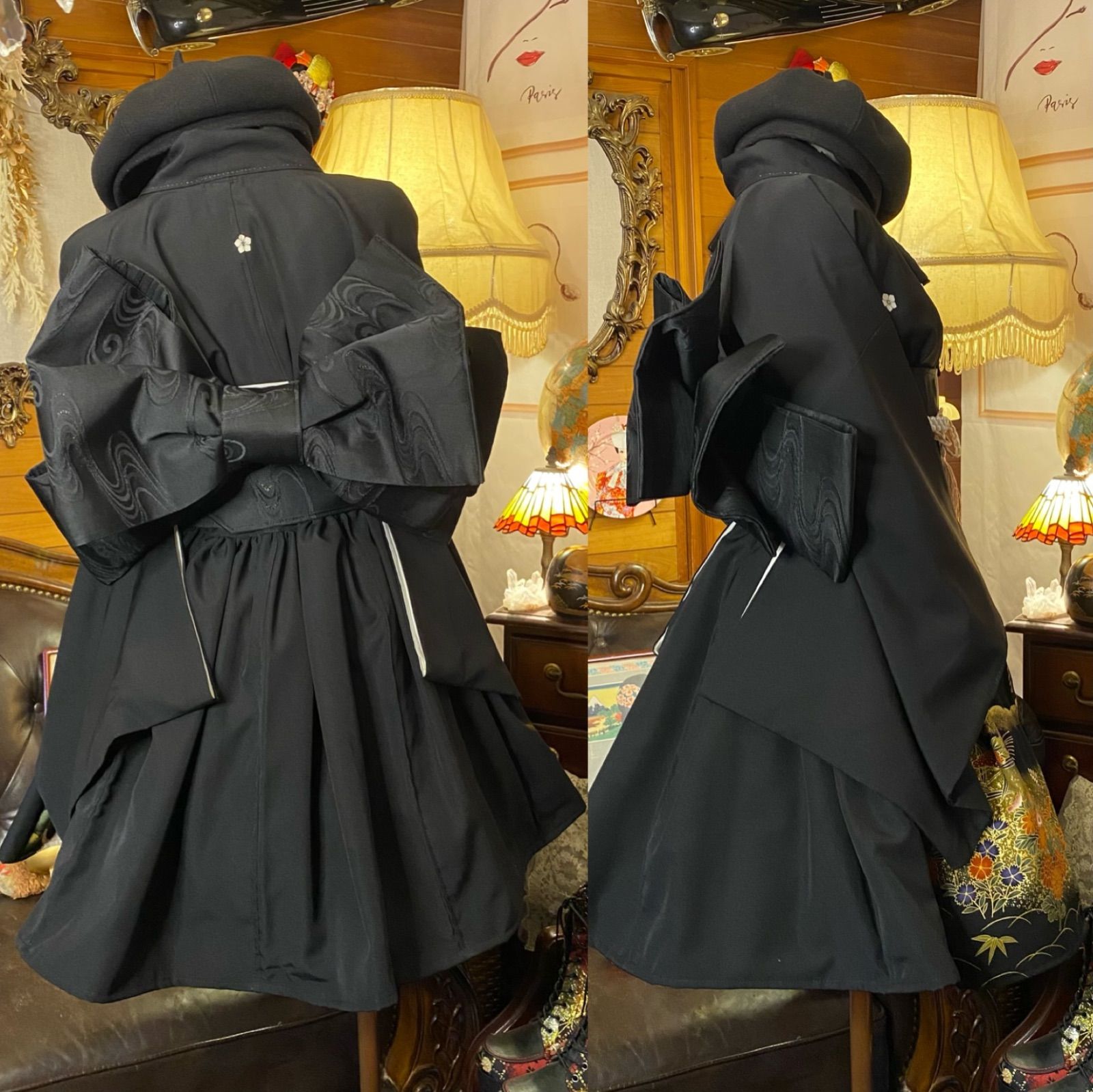 和洋折衷 黒留袖 着物 ミニ丈 ワンピース ドレス 2部式作り帯 和  