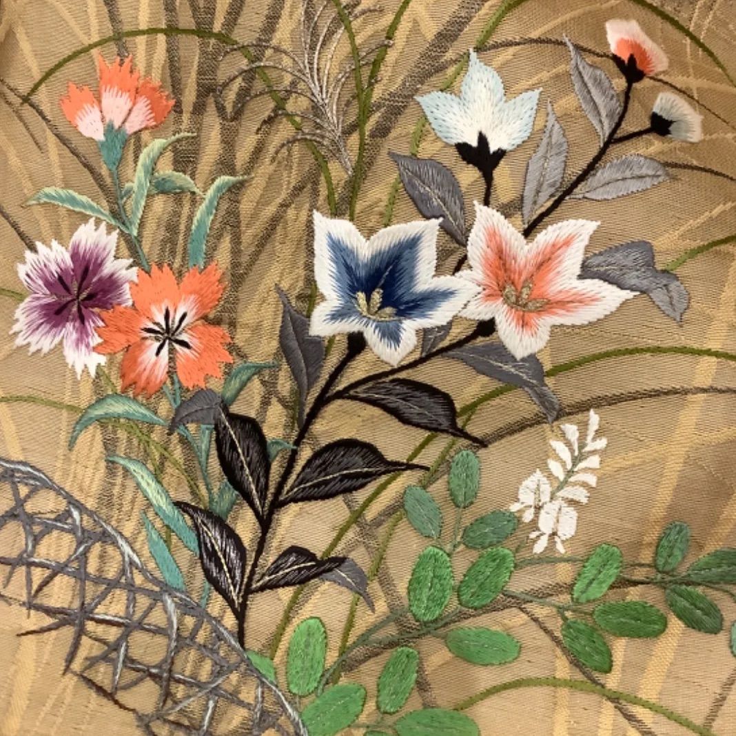 アンティーク 紗 秋草文様 名古屋帯 日本刺繍 大正ロマン 萩