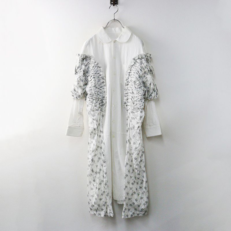AD2021 タオコムデギャルソン tao COMME des GARCONS シャーリングドッキング丸襟シャツワンピース S ホワイト 刺繍 2400014623345