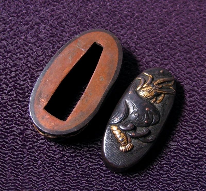 時代武具 縁頭 赤銅魚々子地金色絵 海老の図 桐 江戸時代 25e081