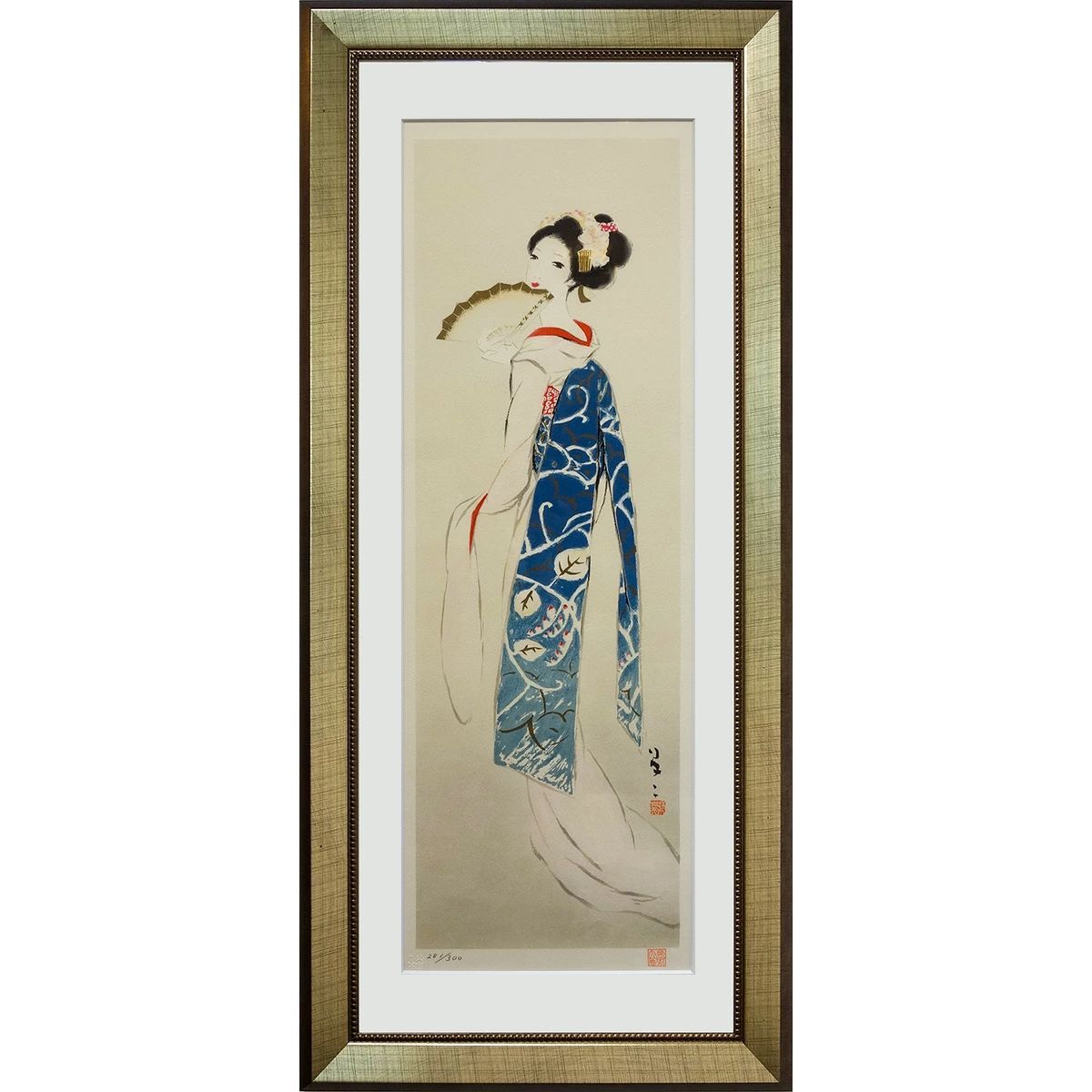 版画 竹久夢二 「扇を持つ舞妓」 リトグラフ 額付き たて長の絵