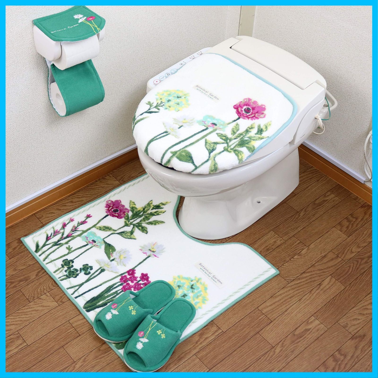 普通サイズトイレマット＋共用フタカバー＋ペーパーホルダーカバー＋スリッパ 抗菌 防臭 おしゃれ 花 モダン 北欧 フラワー ４点 オカ ボタニカル セット グリーン トイレマット 緑