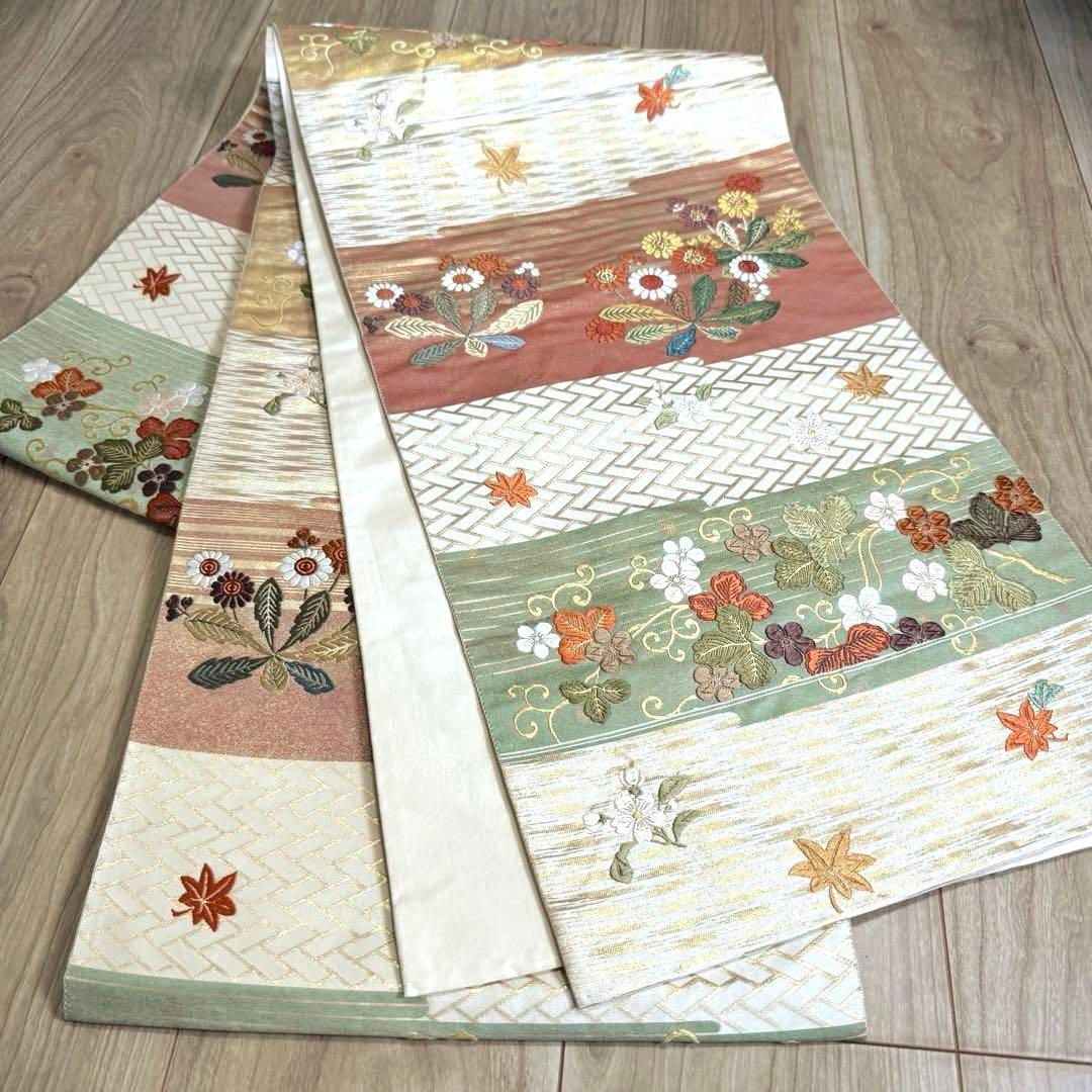 正絹 袋帯 六通 着物 和装 唐織 金 秋 紅葉 ベージュ ピンク 421