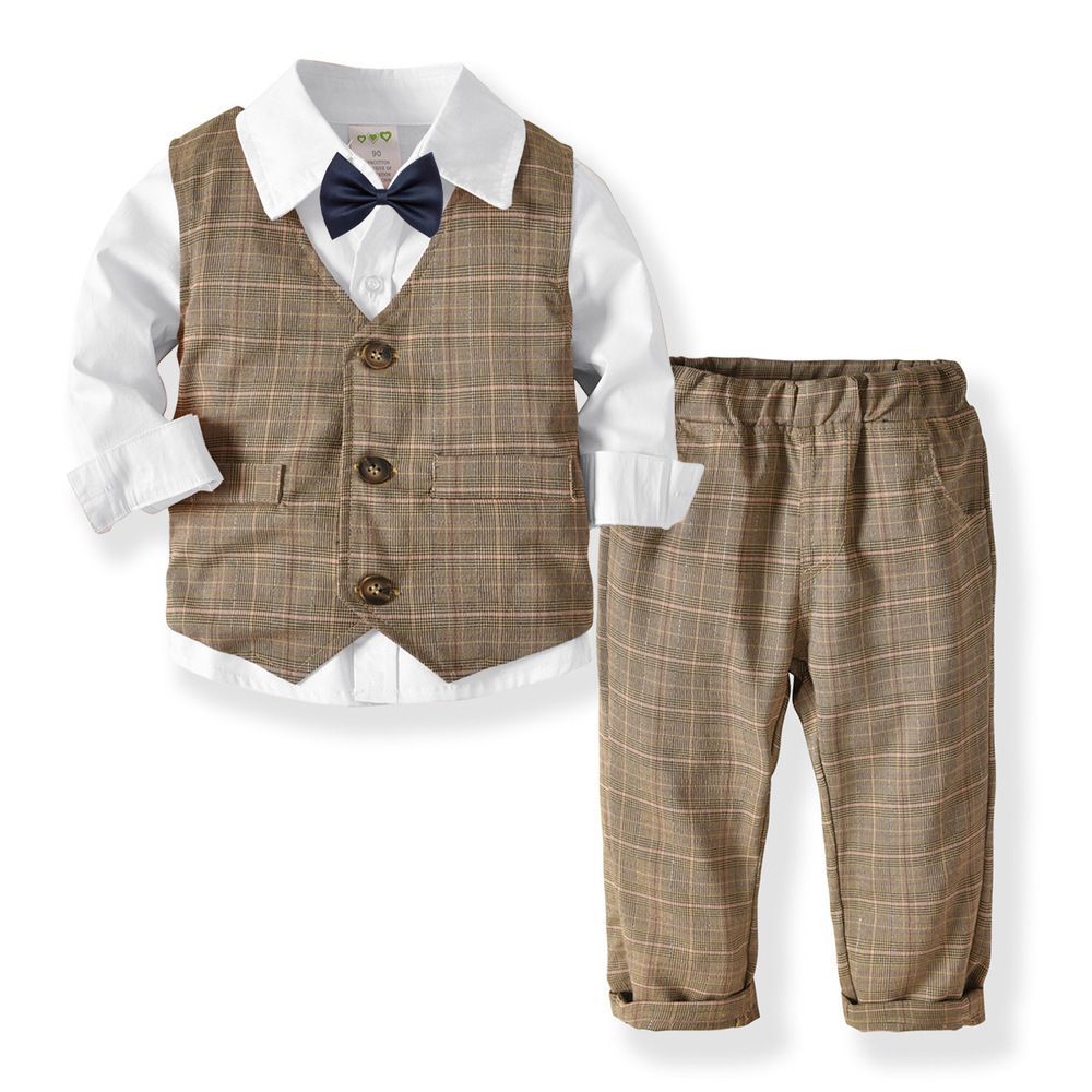 格安，新品 ☆ ブラウン×ホワイト ☆ 120cm ☆ キッズ フォーマルスーツ 男の子 pk19a311 子供服 フォーマル スーツ 男の子 蝶ネクタイ付き シャツ ベスト 長袖 英国風 子供スーツ 子供 キッズ おしゃれ 記念 スーツ・ブレザー