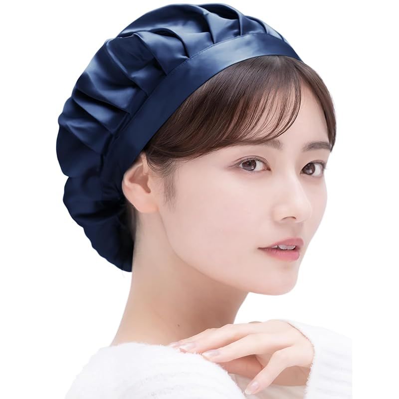 [COCOSILK] ナイトキャップ シルク シンプルタイプ 就寝用 シルクキャップ シルク100% ヘアキャップ ロング ショートヘア (L， ネイビー)