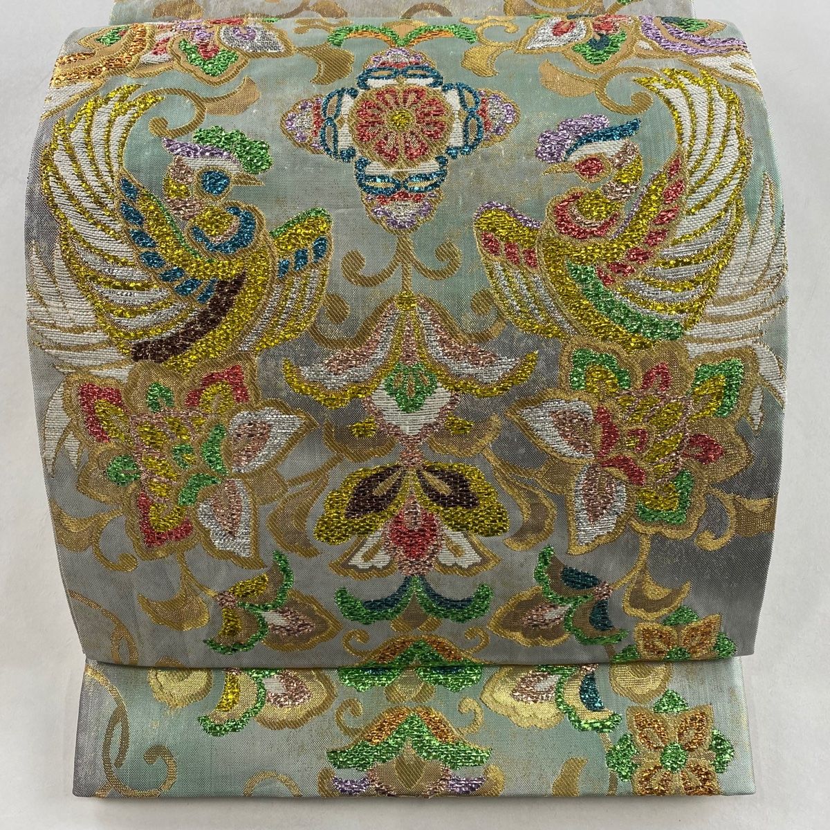 袋帯 秀品 向かい鳥 花唐草 箔 金糸 薄緑 六通 正絹