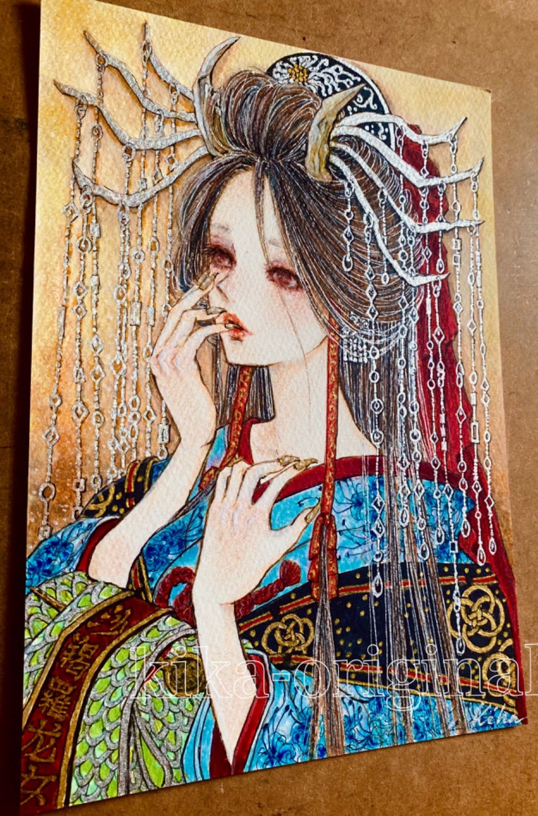 手描きイラスト「馳せる」オリジナルアナログ原画 サムホールサイズ