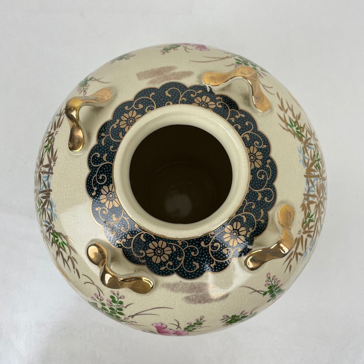 薩摩焼 色絵 金蘭手 武士美人図 花瓶 壺 飾壷 36cm v49 薩摩焼 色絵 金蘭