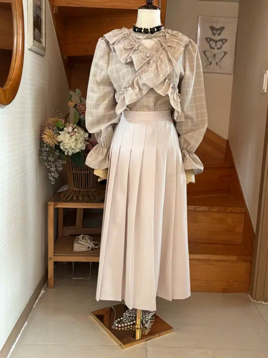 チェック フリル ブラウス ＋ プリーツ スカート セットアップ