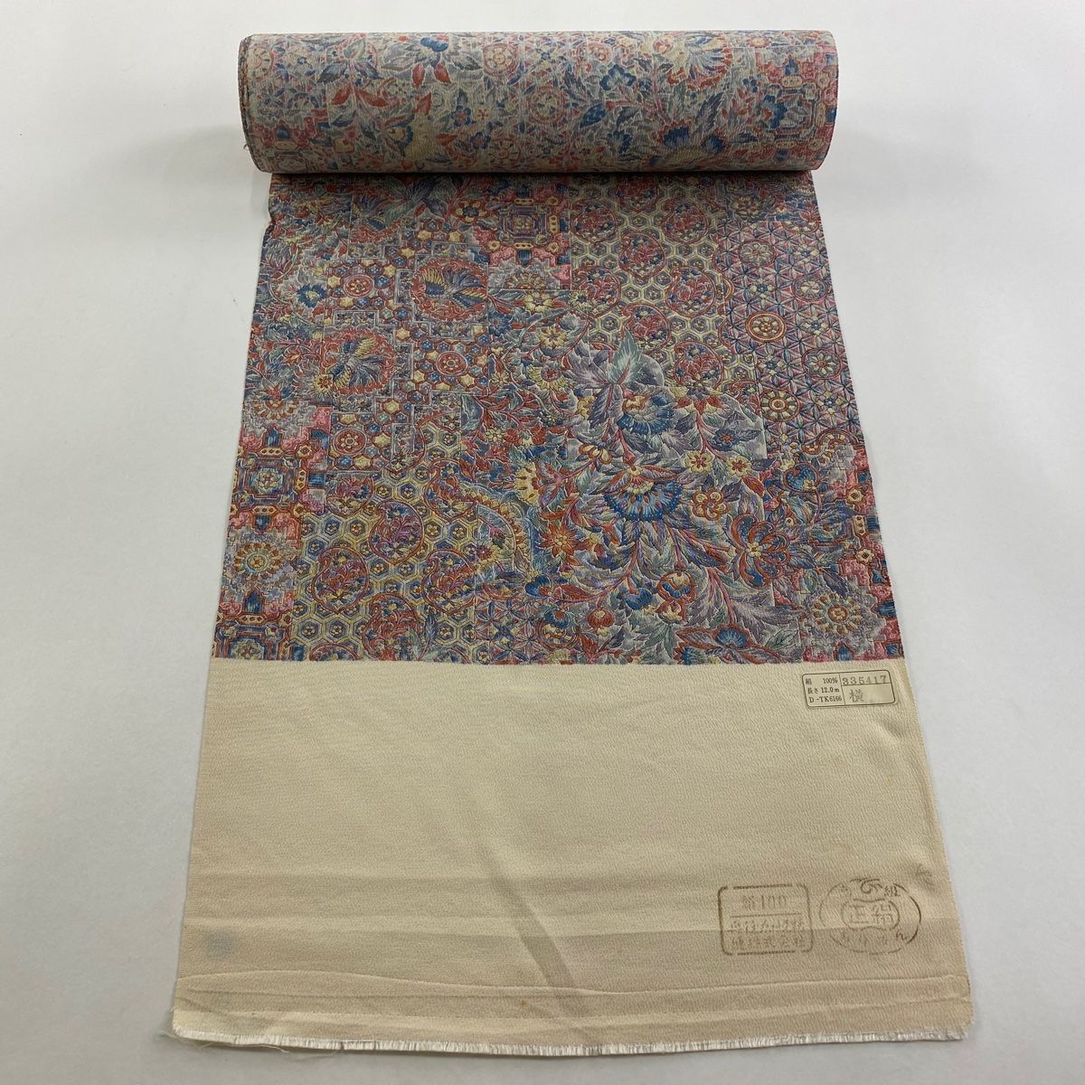 反物 秀品 小紋 更紗柄 鳥 縮緬 灰紫 正絹