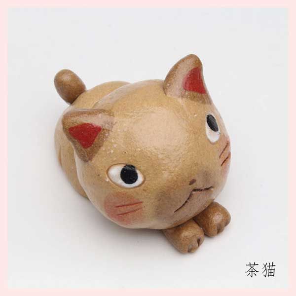 美濃焼 猫の平型置物（茶猫） ※陶器,民芸品,工芸品,シリーズ,