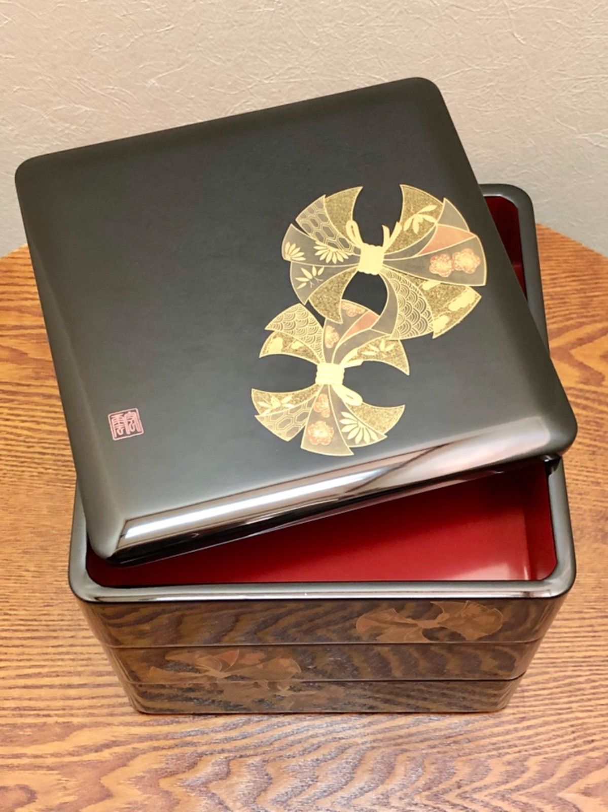 会津漆器 黒 6.5 三段重 (古典のし) 三段 重箱 会津塗」の