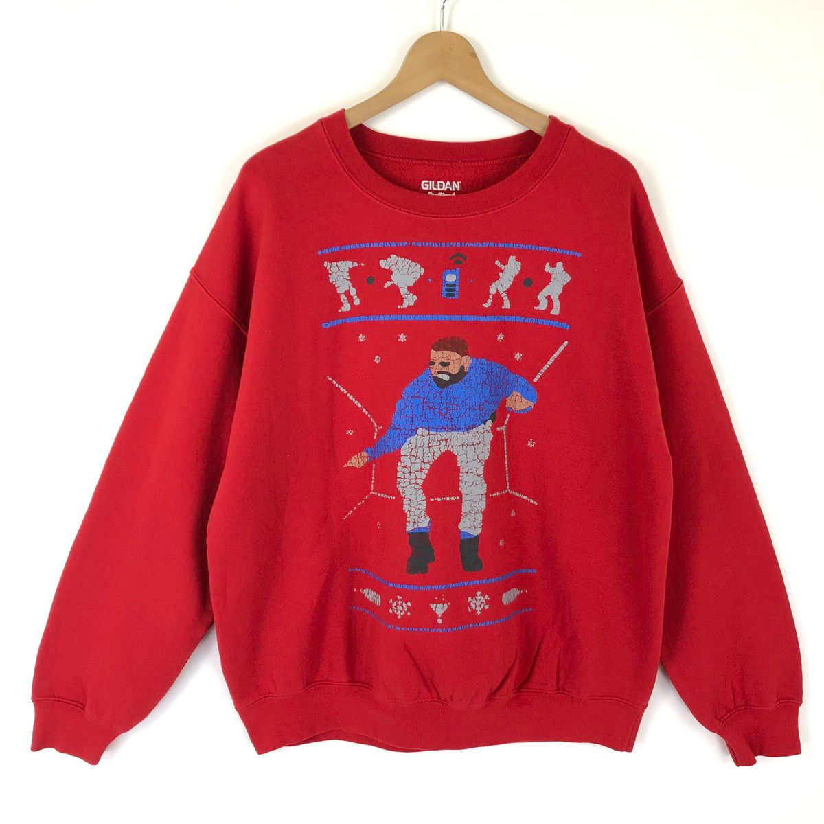 【古着】 プリントスウェット おじさん ダンス？ レッド系 メンズL 【中古】 n033804