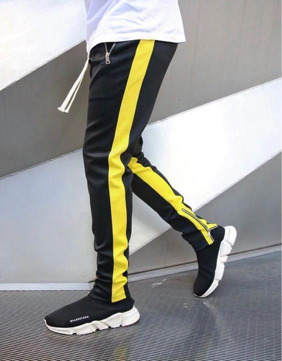ジョガーパンツ 黄色ラインパンツ スキニー スウェット メンズ L 黒 