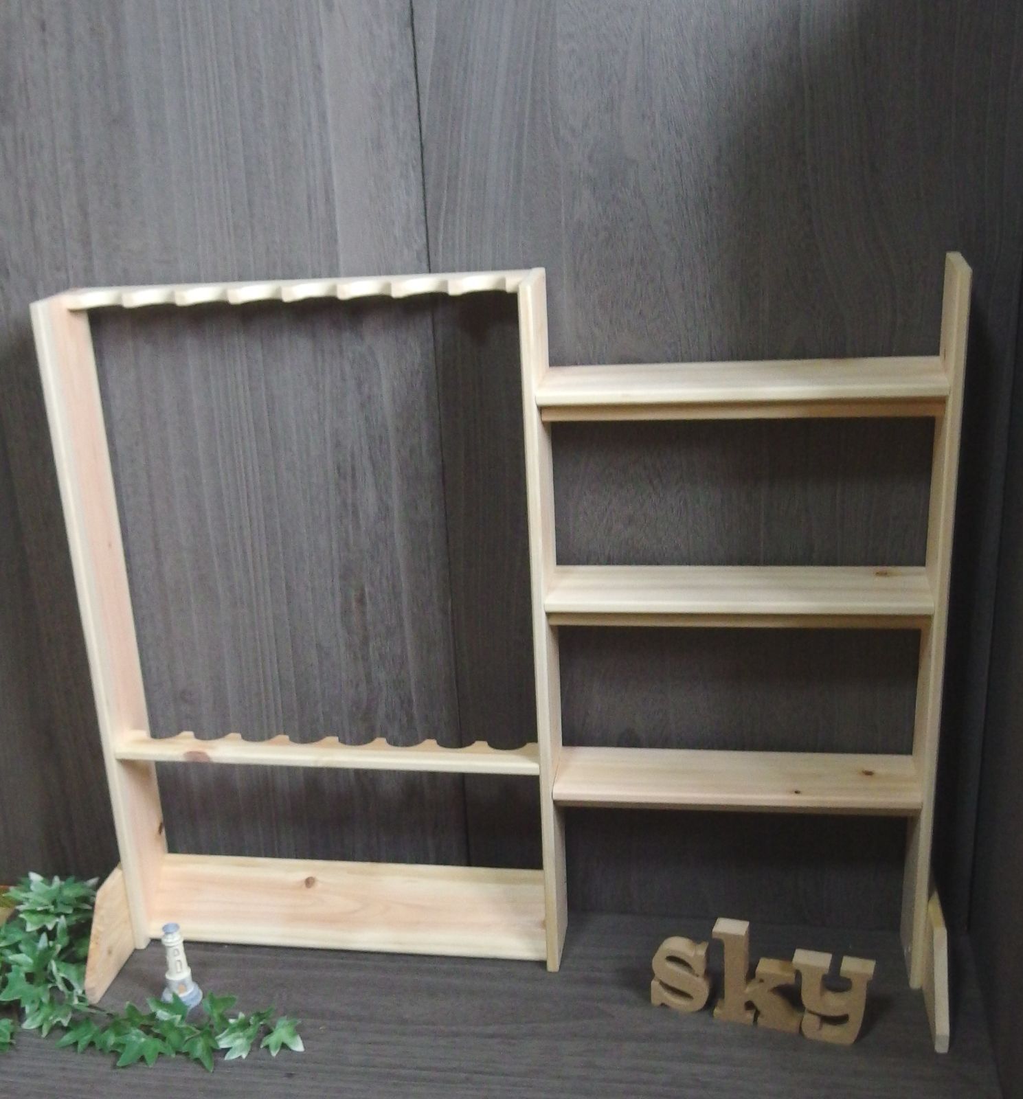 ロッドスタンド 8本 リールスタンド 国産ヒノキ製 小物置き 完成