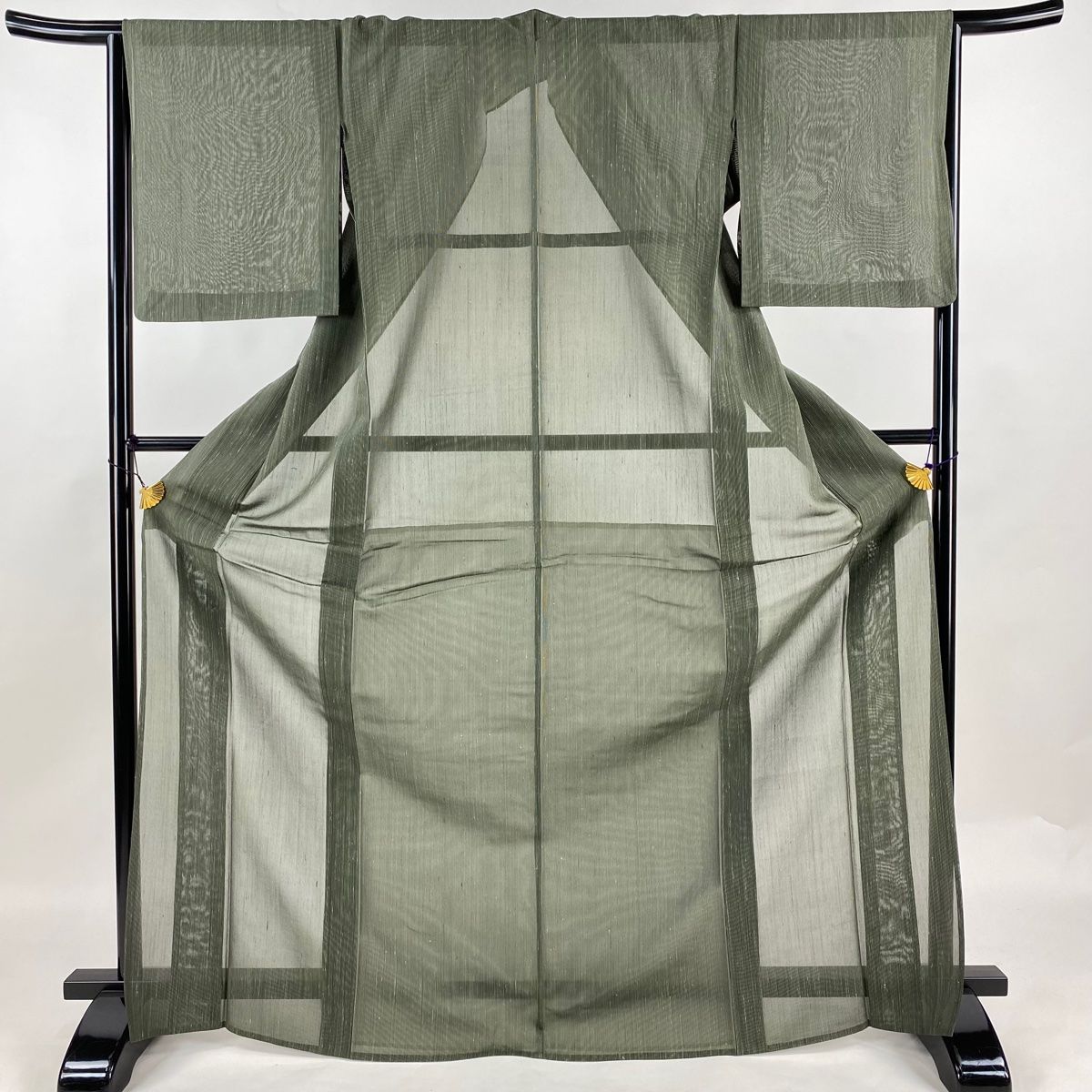 塩沢紬 身丈172cm 裄丈65.5cm M 薄物 夏塩沢 夏紬 証紙 縦縞模様 深緑  