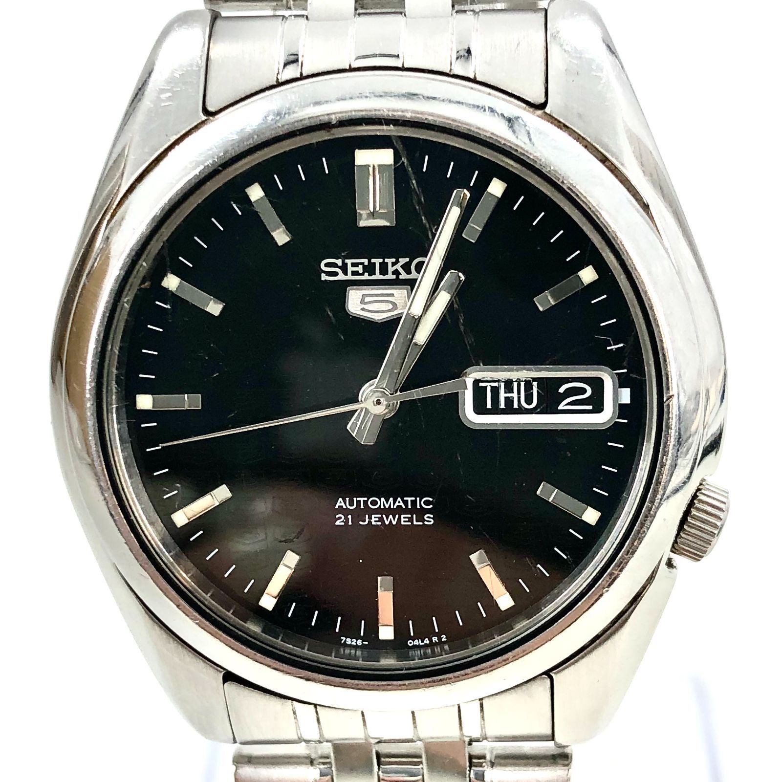 SEIKO 5 セイコーファイブ AUTOMATIC 21JEWELS 21石 AT/SS メンズ 腕時計 デイデイト ブラック文字盤 7S26-01V0 裏スケルトン 稼働【ND-501】