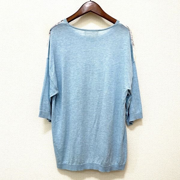 snc インポートロッサ import Rossa カットソー 42 水色系 白 緑 ニット 切替 異素材 五分袖 柄 麻 大きいサイズ レディース 968294